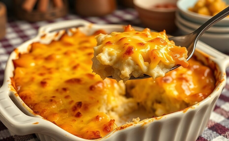 Grandma's Church Potluck Casserole - golden-brown comfort food in a vintage baking dish