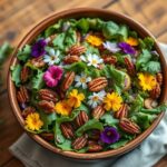 Mason's Spring Garden Salad with Candied Pecans - fresh mixed greens with colorful vegetables in a rustic bowl