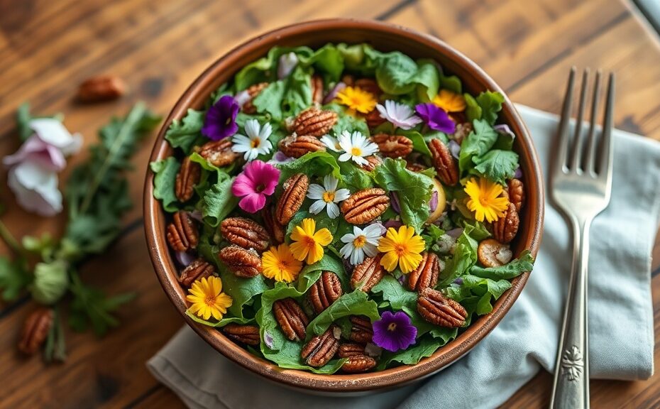 Mason's Spring Garden Salad with Candied Pecans - fresh mixed greens with colorful vegetables in a rustic bowl