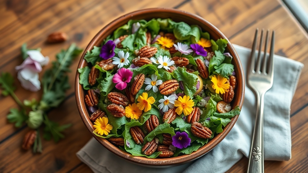 Spring garden salad with candied pecans