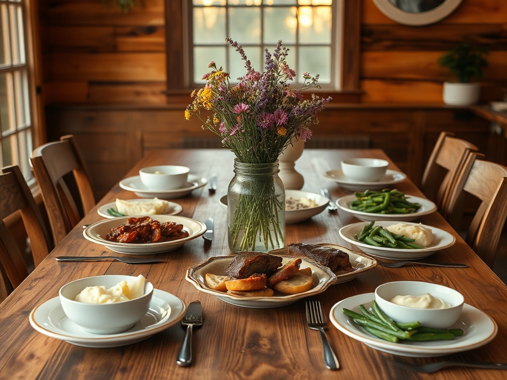 Family dinner table set for five at the Whitaker farmhouse