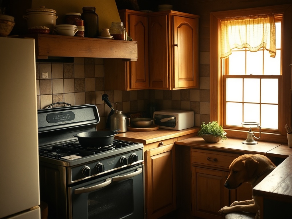 Maggie's farmhouse kitchen in rural Ohio — cast iron skillet, worn countertops, and morning light