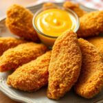 Crispy air fryer chicken tenders on a plate with dipping sauce