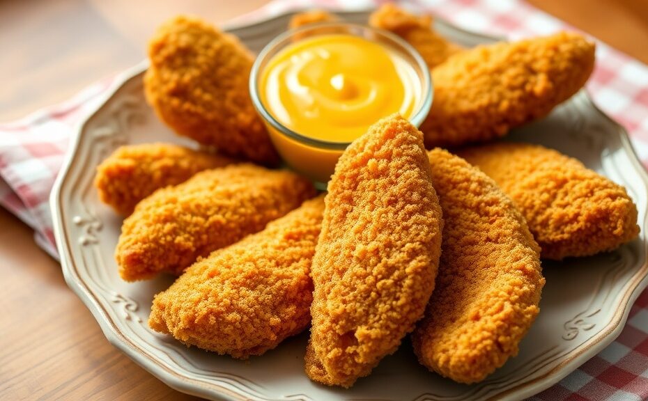 Crispy air fryer chicken tenders on a plate with dipping sauce