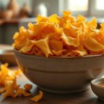 Crispy golden air fryer pasta chips in a rustic ceramic bowl with dipping sauce