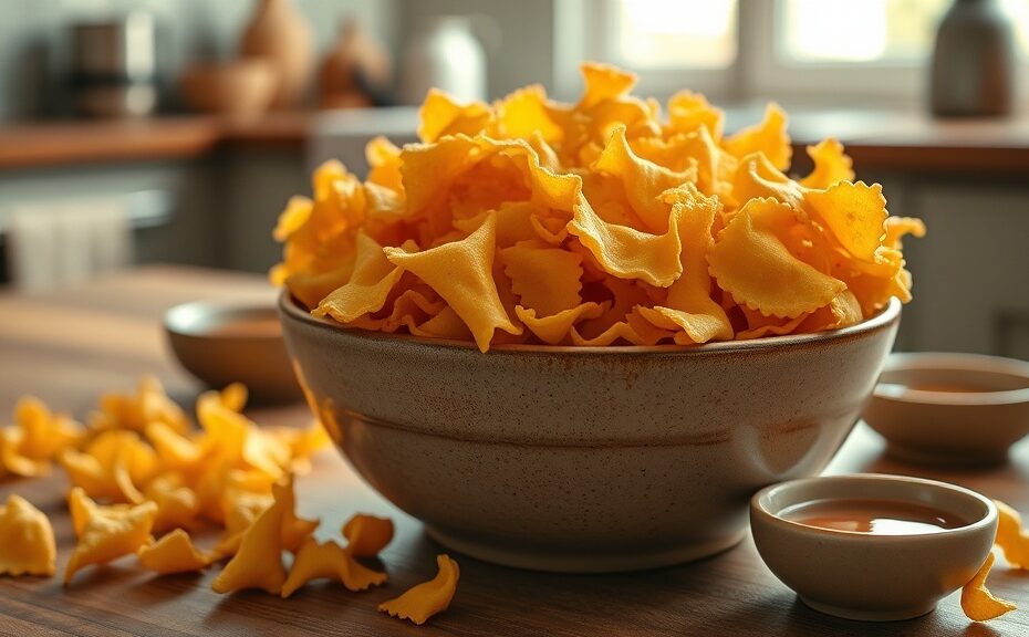 Crispy golden air fryer pasta chips in a rustic ceramic bowl with dipping sauce