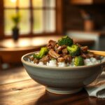 Beef and broccoli stir-fry over rice in a ceramic bowl