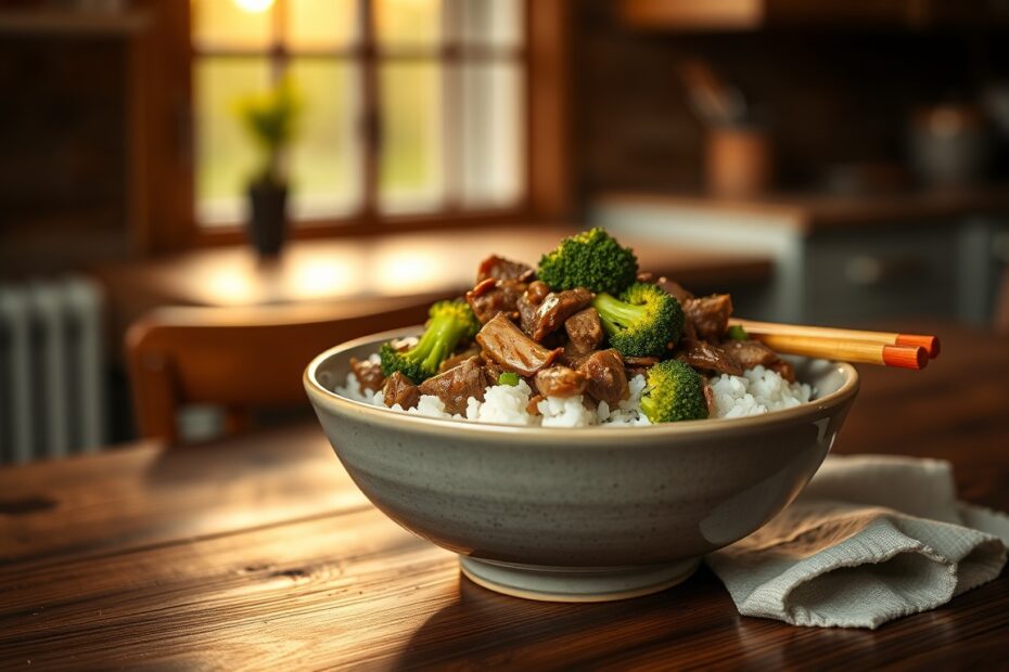 Beef and broccoli stir-fry over rice in a ceramic bowl