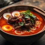 Bowl of birria ramen with shredded beef, rich red consomme broth, ramen noodles, cilantro, radish, and lime