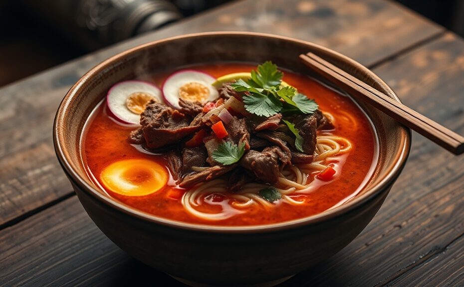 Bowl of birria ramen with shredded beef, rich red consomme broth, ramen noodles, cilantro, radish, and lime