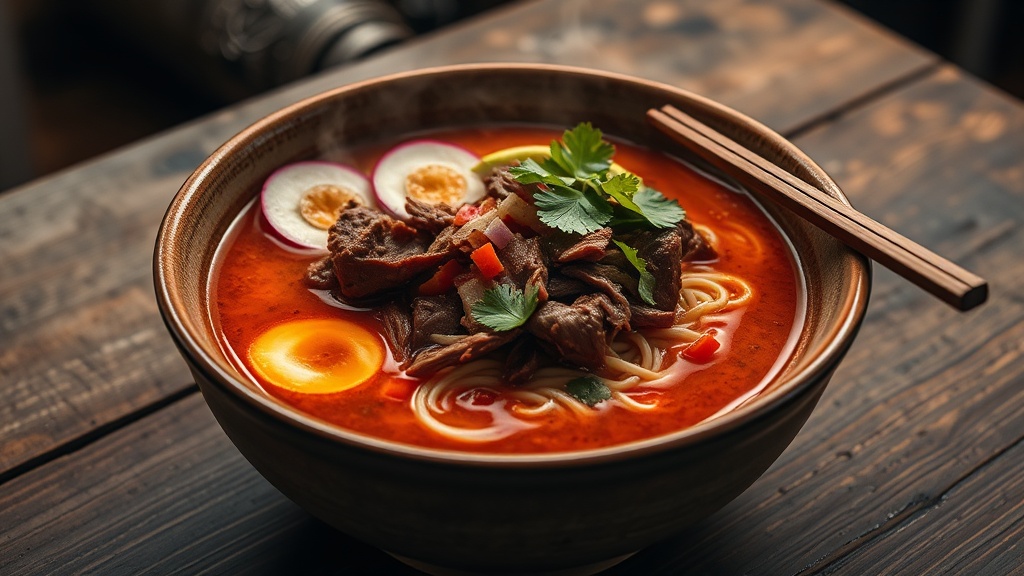 Bowl of birria ramen with shredded beef, rich red consomme broth, ramen noodles, cilantro, radish, and lime