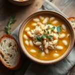 Warm brothy beans and rice bowl with herbs and crusty bread on a farmhouse table