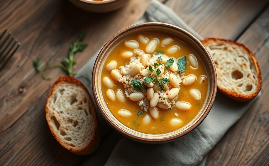 Warm brothy beans and rice bowl with herbs and crusty bread on a farmhouse table