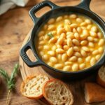 A cast iron skillet of creamy brothy white beans with crusty bread and rosemary on a farmhouse table