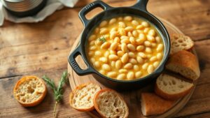 A cast iron skillet of creamy brothy white beans with crusty bread and rosemary on a farmhouse table