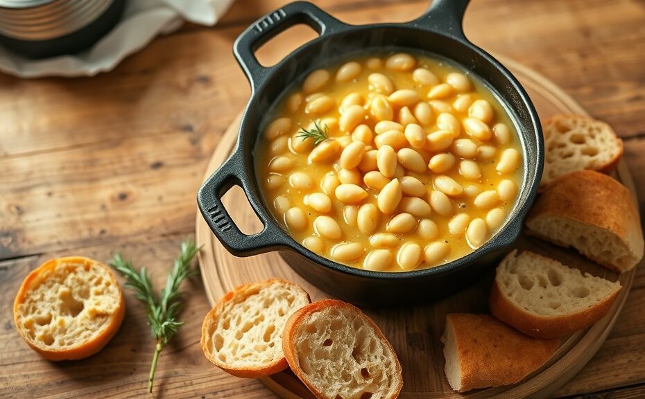 A cast iron skillet of creamy brothy white beans with crusty bread and rosemary on a farmhouse table