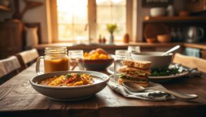 Wholesome budget family dinner on a rustic wooden kitchen table