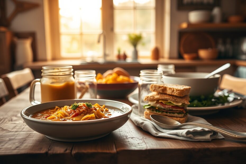 Wholesome budget family dinner on a rustic wooden kitchen table