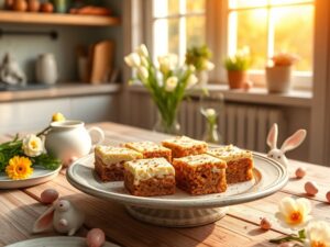 Festive carrot cake cheesecake bars dessert on rustic farmhouse table with Easter decorations