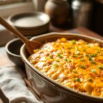 Cheesy baked potato casserole bubbling in a ceramic dish on a wooden table