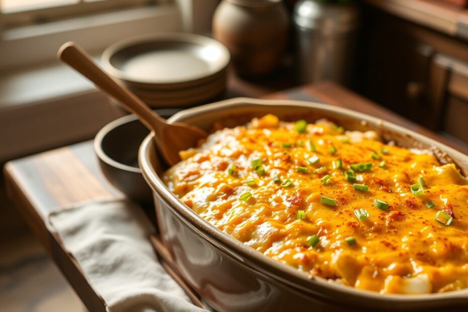 Cheesy baked potato casserole bubbling in a ceramic dish on a wooden table