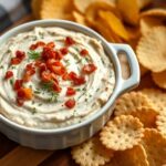 Creamy dill pickle dip topped with bacon and fresh dill, served with crackers