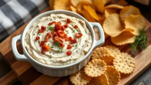 Creamy dill pickle dip topped with bacon and fresh dill, served with crackers