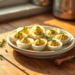 Deviled eggs garnished with fresh spring herbs and paprika