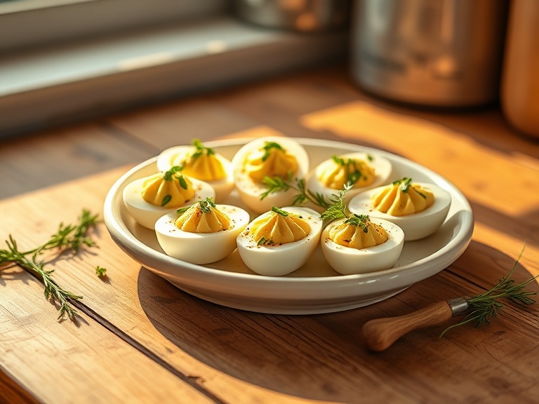 Deviled eggs garnished with fresh spring herbs and paprika