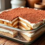 A classic tiramisu in a glass baking dish showing layers of coffee-soaked ladyfingers and mascarpone cream dusted with cocoa powder