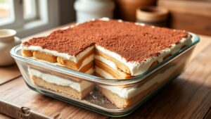 A classic tiramisu in a glass baking dish showing layers of coffee-soaked ladyfingers and mascarpone cream dusted with cocoa powder