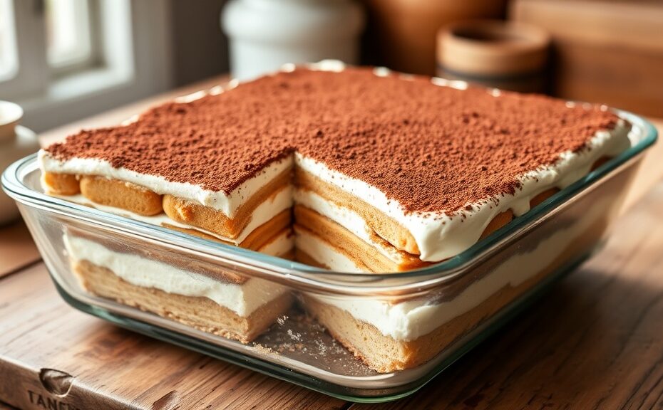 A classic tiramisu in a glass baking dish showing layers of coffee-soaked ladyfingers and mascarpone cream dusted with cocoa powder