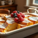 Cream cheese stuffed French toast casserole with powdered sugar and fresh berries in a farmhouse kitchen