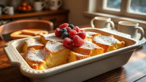 Cream cheese stuffed French toast casserole with powdered sugar and fresh berries in a farmhouse kitchen