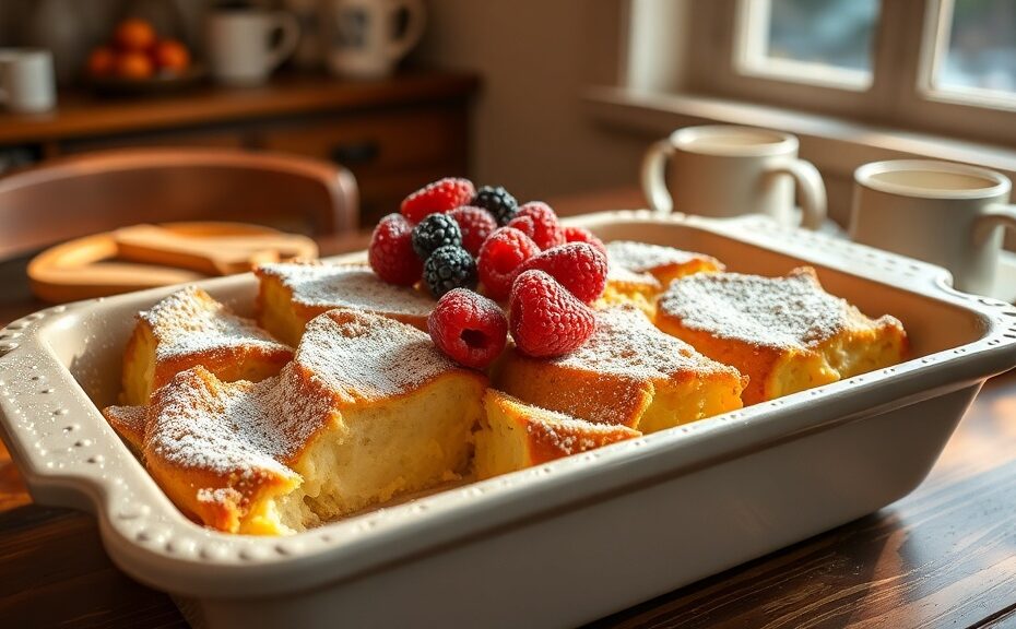 Cream cheese stuffed French toast casserole with powdered sugar and fresh berries in a farmhouse kitchen