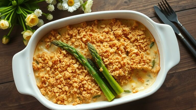 Creamy asparagus casserole with golden breadcrumb topping in a white baking dish
