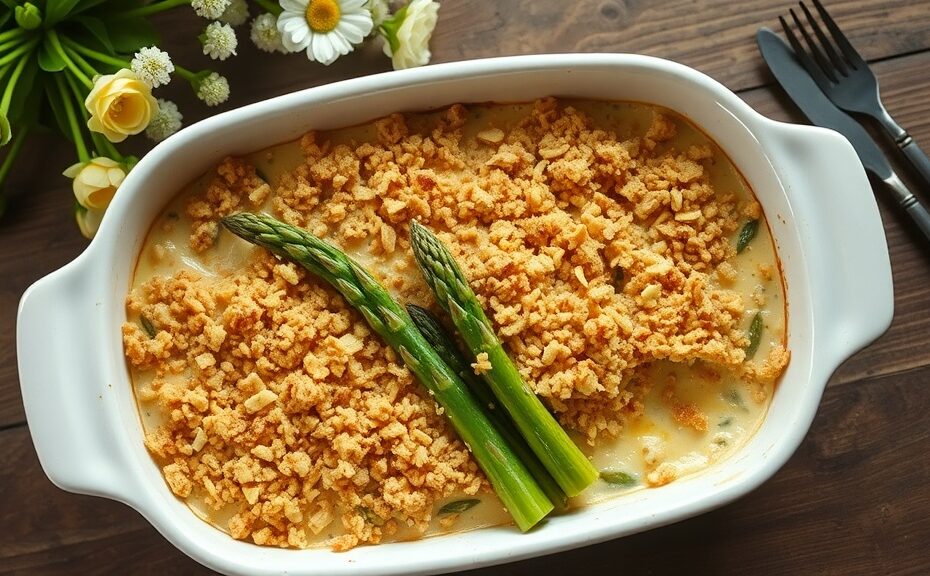 Creamy asparagus casserole with golden breadcrumb topping in a white baking dish