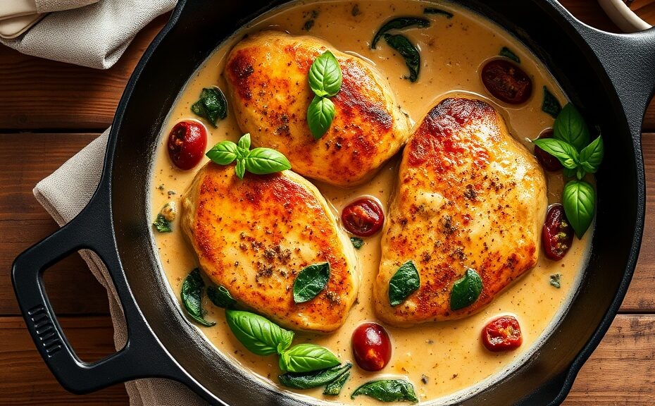 Creamy Tuscan chicken in a cast iron skillet with sun-dried tomatoes and spinach
