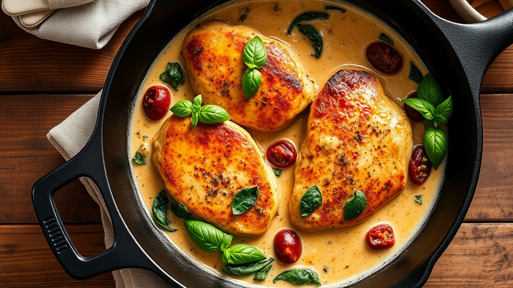 Creamy Tuscan chicken in a cast iron skillet with sun-dried tomatoes and spinach