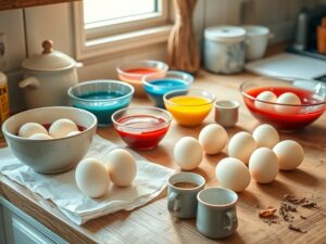 Variety of dyed Easter eggs in traditional and modern color schemes