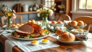Beautiful Easter dinner spread on a rustic farmhouse table with ham and spring flowers