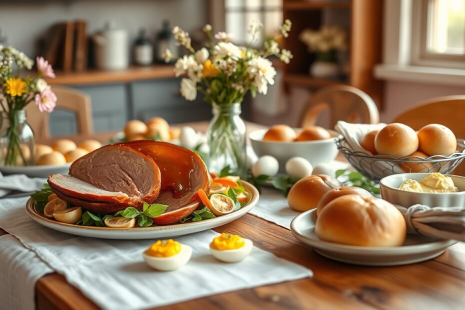 Beautiful Easter dinner spread on a rustic farmhouse table with ham and spring flowers