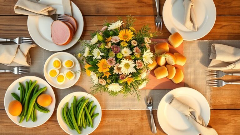 Affordable Easter dinner table spread with ham, deviled eggs, and spring flowers