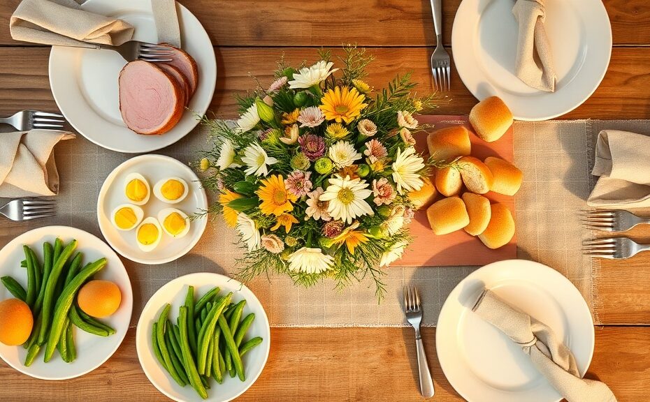 Affordable Easter dinner table spread with ham, deviled eggs, and spring flowers