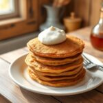 Fluffy carrot cake pancakes topped with cream cheese frosting for Easter breakfast