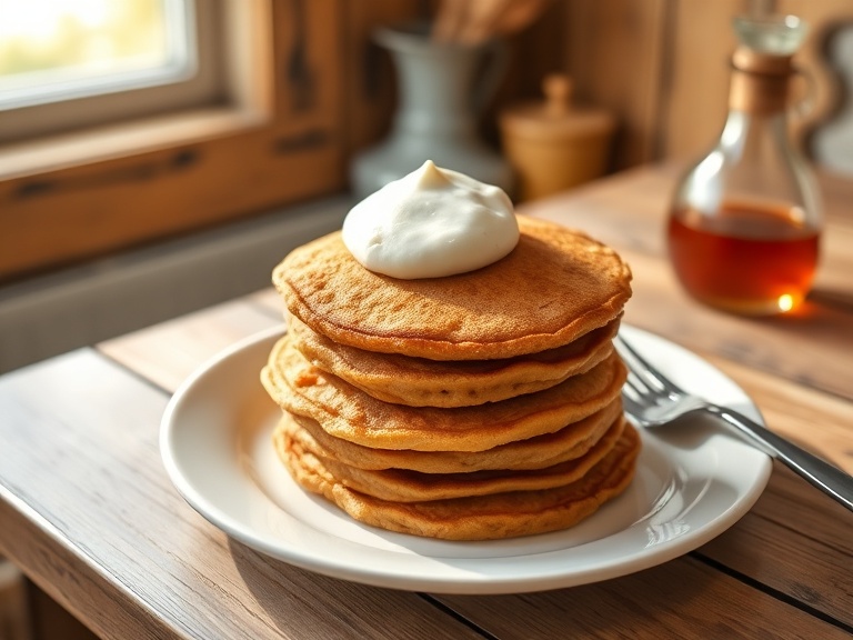 Fluffy carrot cake pancakes topped with cream cheese frosting for Easter breakfast