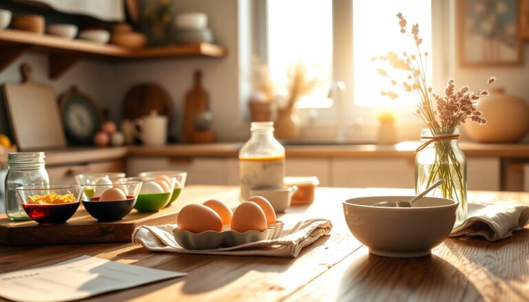 Easter morning kitchen scene with mixing bowls and colored eggs