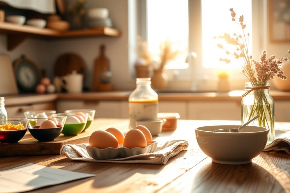 Easter morning kitchen scene with mixing bowls and colored eggs