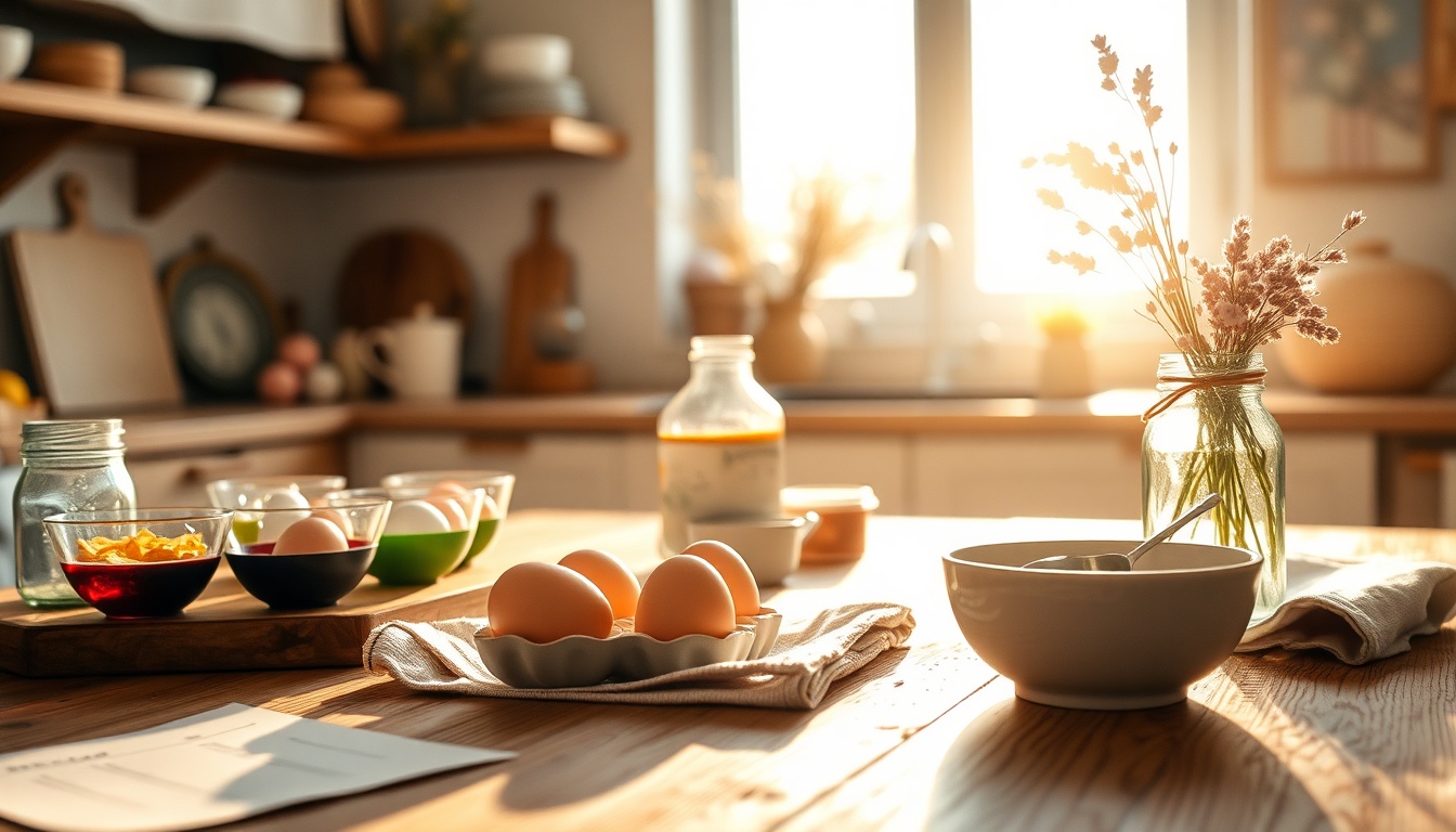 Easter morning kitchen scene with mixing bowls and colored eggs