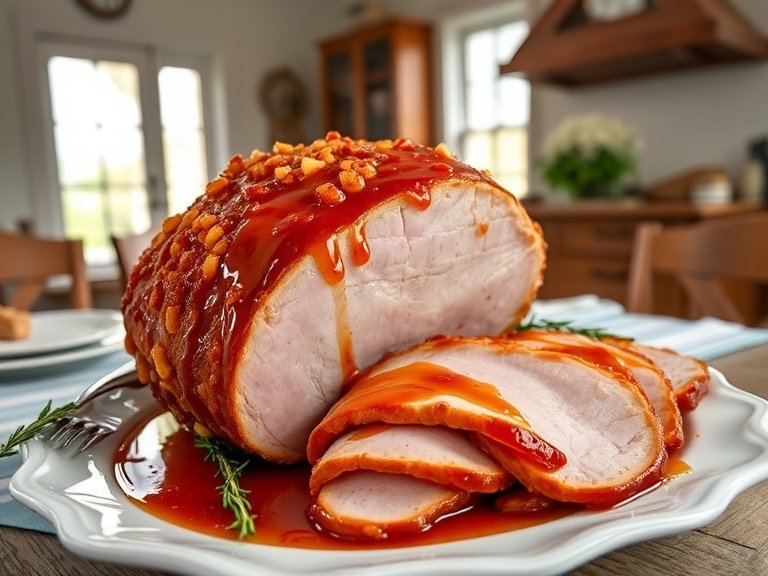 Bourbon maple glazed Easter ham with caramelized glaze on white platter